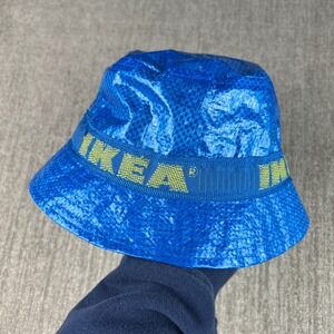 IKEA Knorva Blue Woven Bucket Hat Yellow Logo All-Over Print Unisex One Size